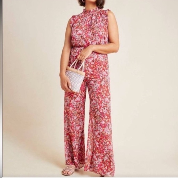 ANTHROPOLOGIE ALI&JAY TROUBADOUR RED FLORAL JUMPSUIT OPEN BACK FEMININE & FLOWY - Picture 1 of 14